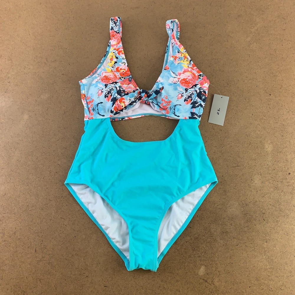 John Lewis Women's Size Large Blue Floral Cut Out One Piece Swimsuit NWT *Flaw